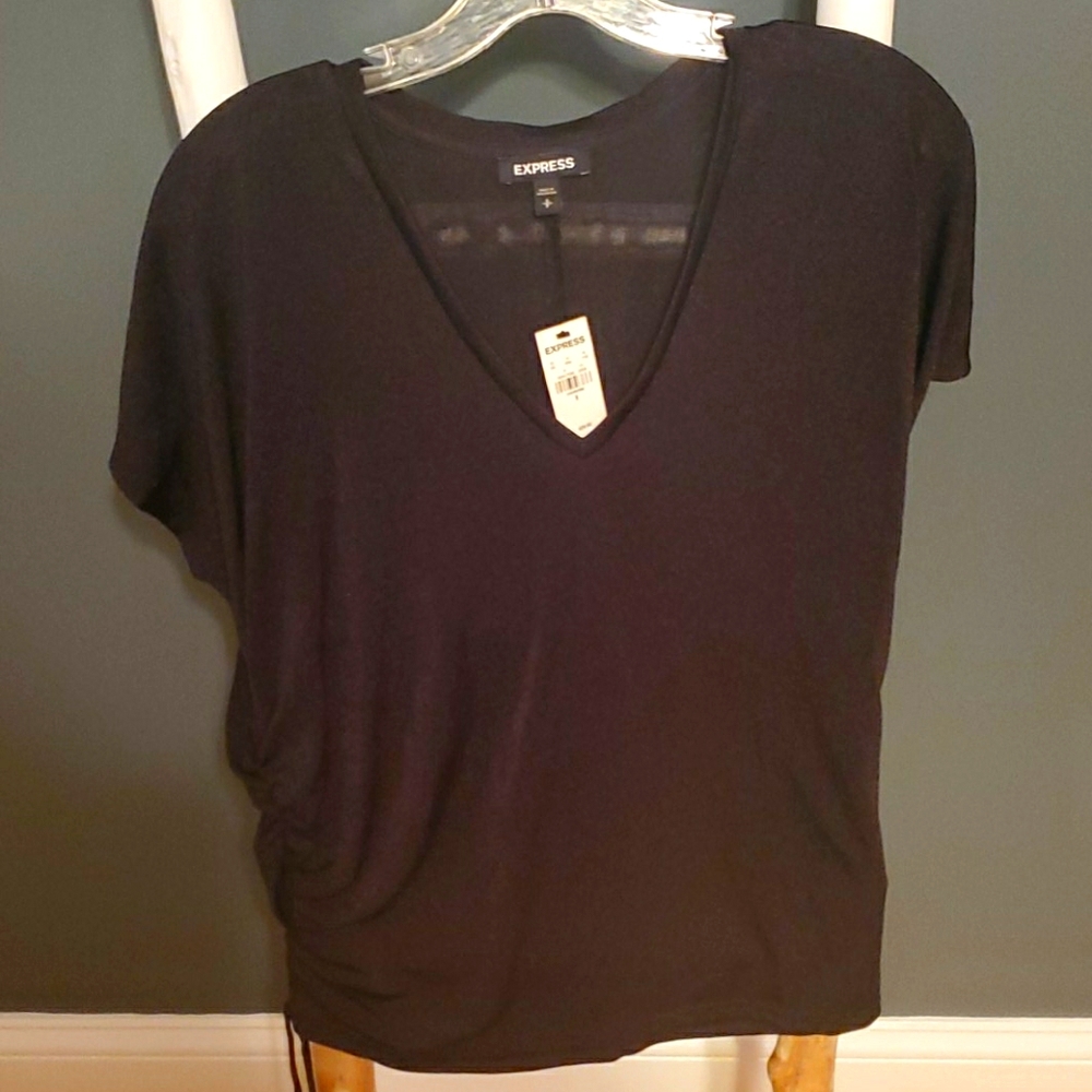 Express black V-neck short sleeve dolman top with side shirring. NWT Small